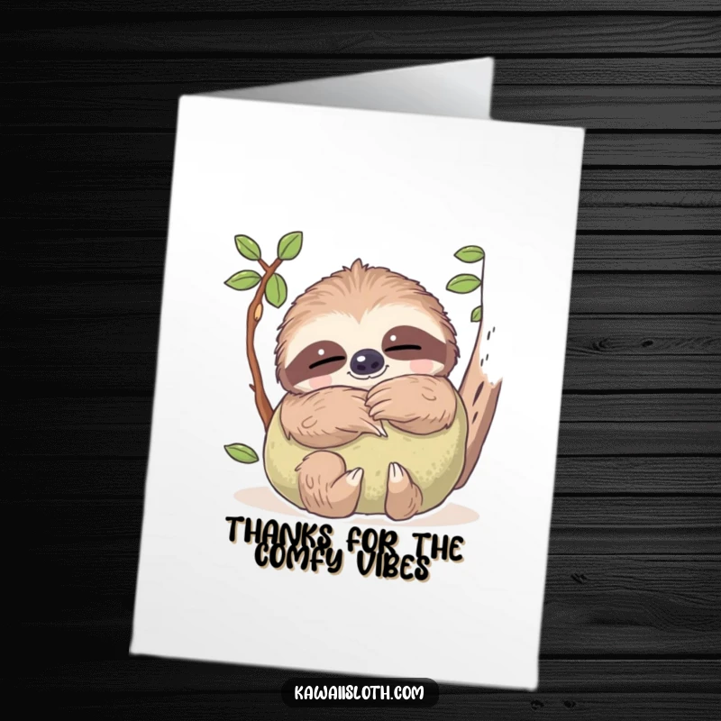 Funny Free Printable Thank You Card of a sloth with dreamy eyes hugging a soft moss pillow, sending thanks with ultimate coziness.