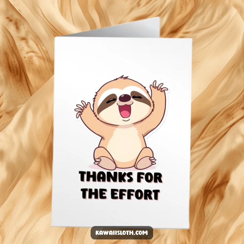 Funny free printable thank you card of a sloth with a tiny yawn, stretching its limbs with a sense of gentle exertion.