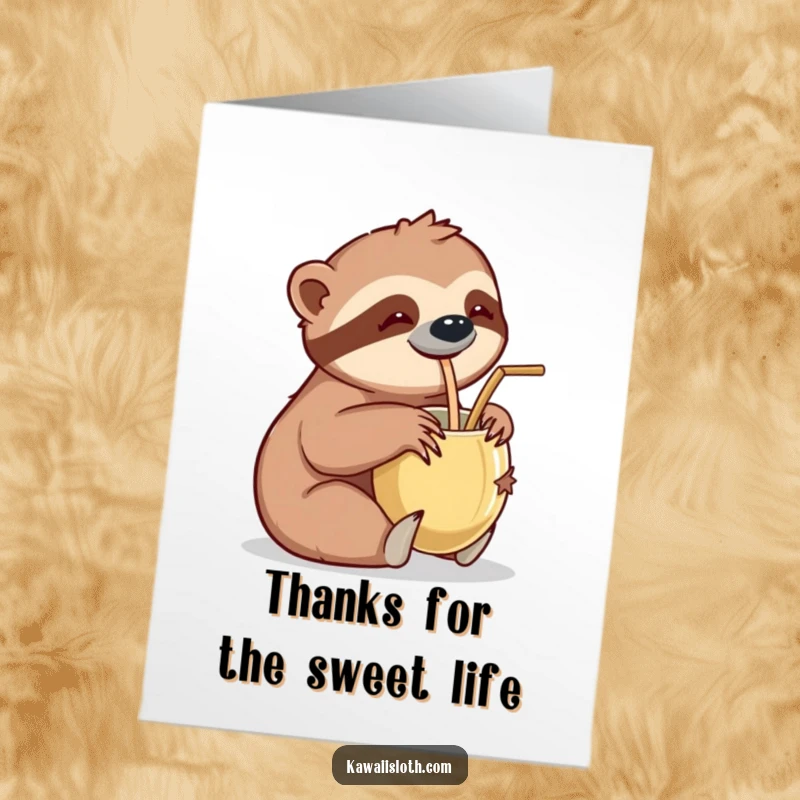 Funny Free Printable Thank You Card of a sloth leisurely sipping a coconut drink through a straw, expressing thanks with island vibes.
