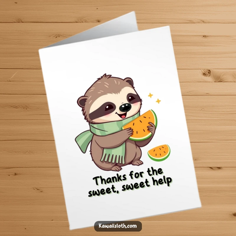 Funny Free Printable Thank You Card: A happy sloth in a scarf enjoys a slow, delightful bite of fruit.