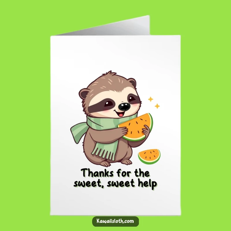 Free Printable Thank You Card: Happy Sloth Eating Fruit Funny Downloadable Gift