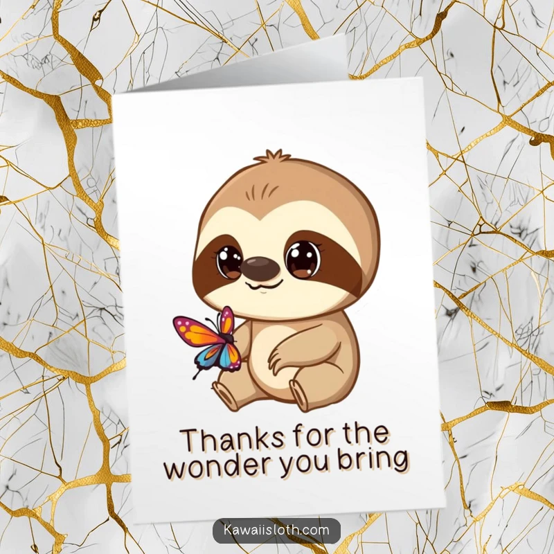Funny Free Printable Thank You Card: A curious sloth with wide eyes looks at a beautiful butterfly. DIY gift.