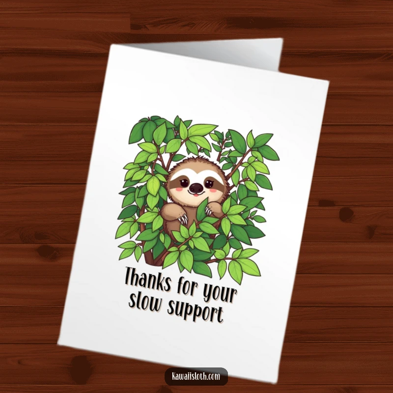 Funny Free Printable Thank You Card: A sloth with a hint of a smile emerges from green leaves.