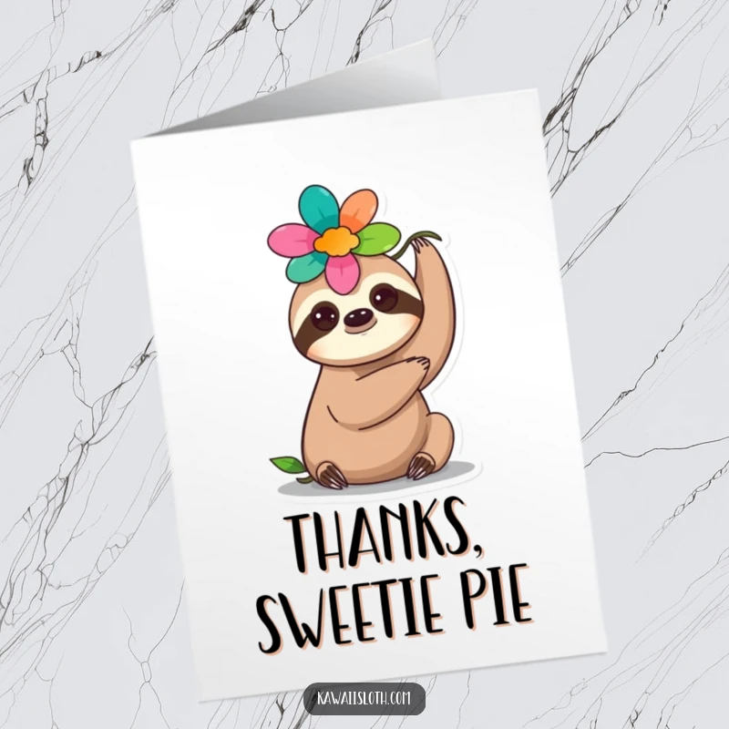 Funny Free Printable Thank You Card: A gentle sloth adorned with a colorful flower, conveying sincere thanks.