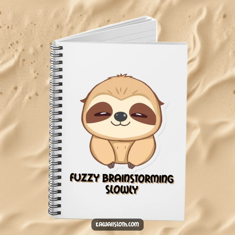 Funny blinking sloth notebook cover, showing a sloth slowly blinking with a warm, fuzzy glow, inspiring calm thoughts.
