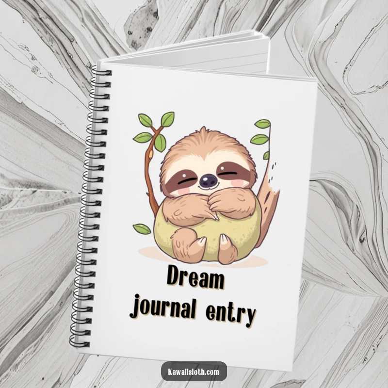 Funny notebook cover featuring a sloth with dreamy eyes hugging a soft pillow, ideal for note-taking with a cozy, humorous theme.