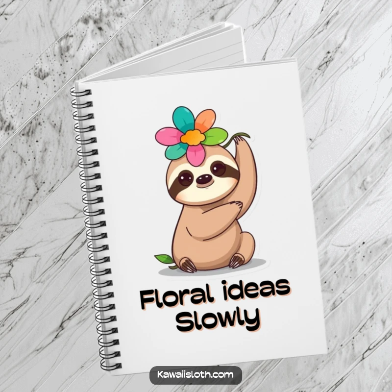 Funny flower sloth notebook cover, showing a sloth balancing a flower on its head, inspiring peaceful thoughts.