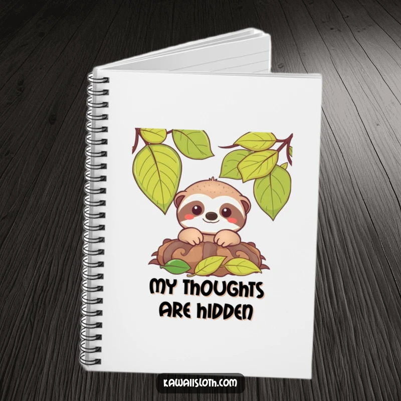 Funny notebook featuring a smiling sloth peeking from leaves, perfect for writing notes and inspiring gentle thoughts.