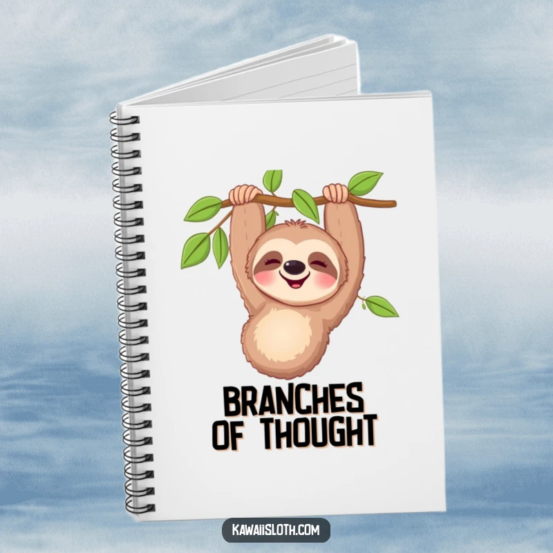 Funny happy sloth notebook featuring a smiling sloth hanging upside down, perfect for jotting down ideas with a touch of humor.