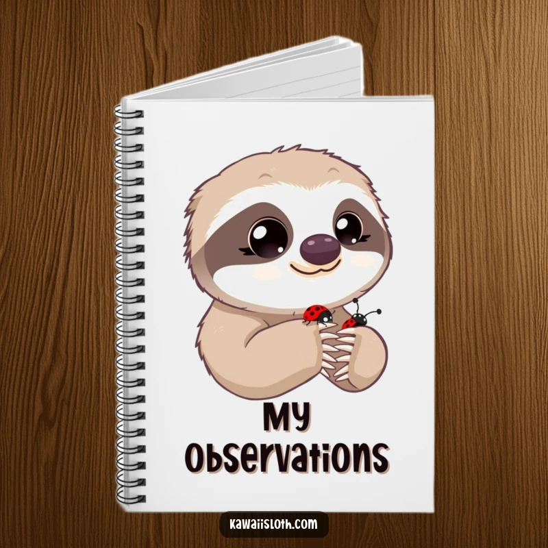 Funny notebook cover with a sloth's innocent eyes observing a ladybug on its paw, great for jotting down funny thoughts.