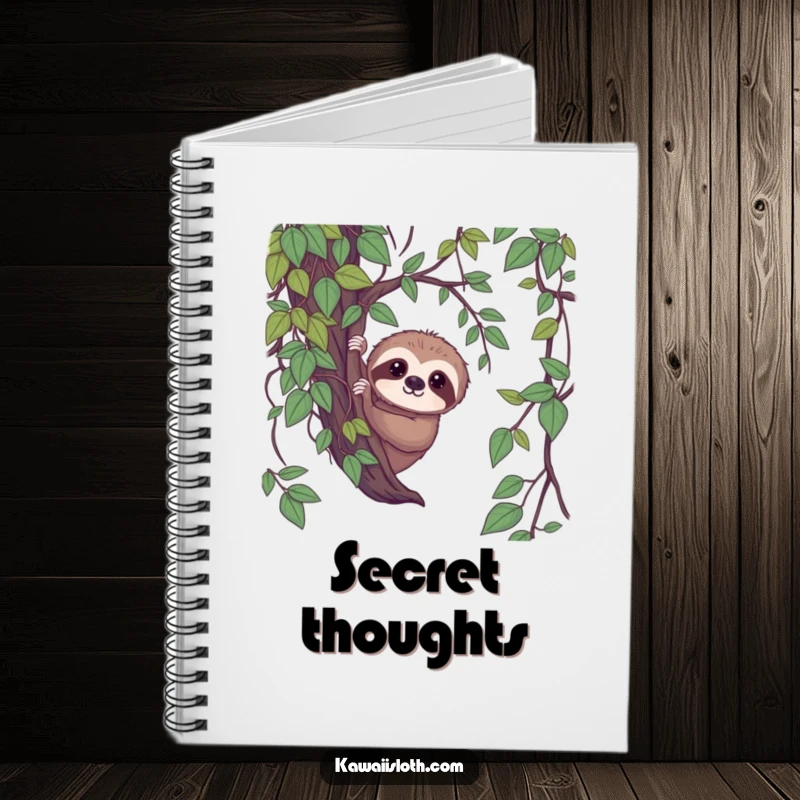 Funny shy sloth notebook, sloth peeking from vines with a gentle gaze, humorous journal, perfect funny gift.