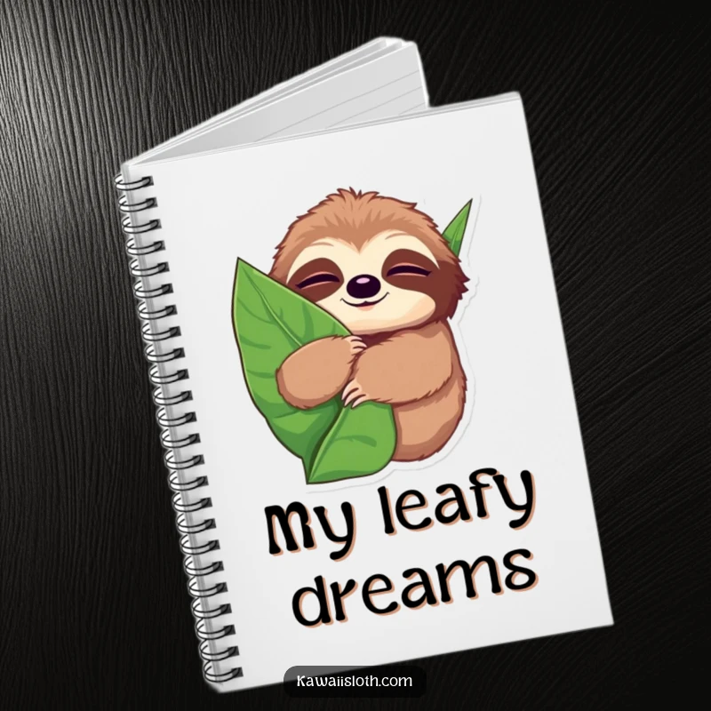 Funny notebook cover displaying a sloth with wide, sleepy eyes, hugging a giant leaf, embodying a humorous and gentle mood.