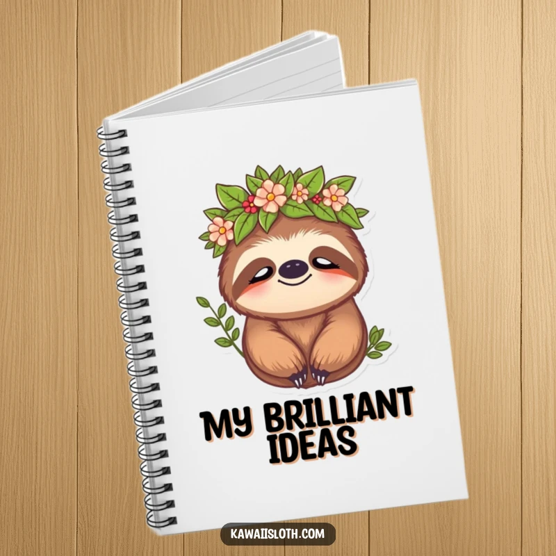 Funny sloth notebook cover with a sloth wearing a leafy crown and a peaceful expression, symbolizing calm contemplation and nature.