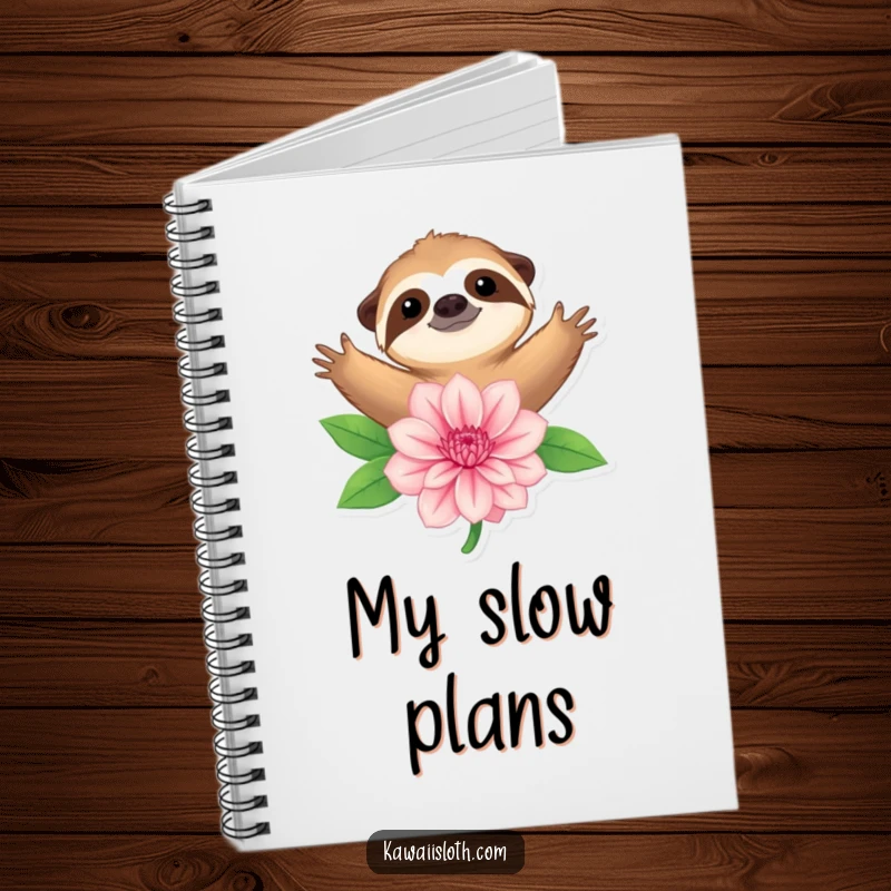 Funny notebook cover with a sloth embracing a large flower, perfect for capturing peaceful thoughts and ideas.