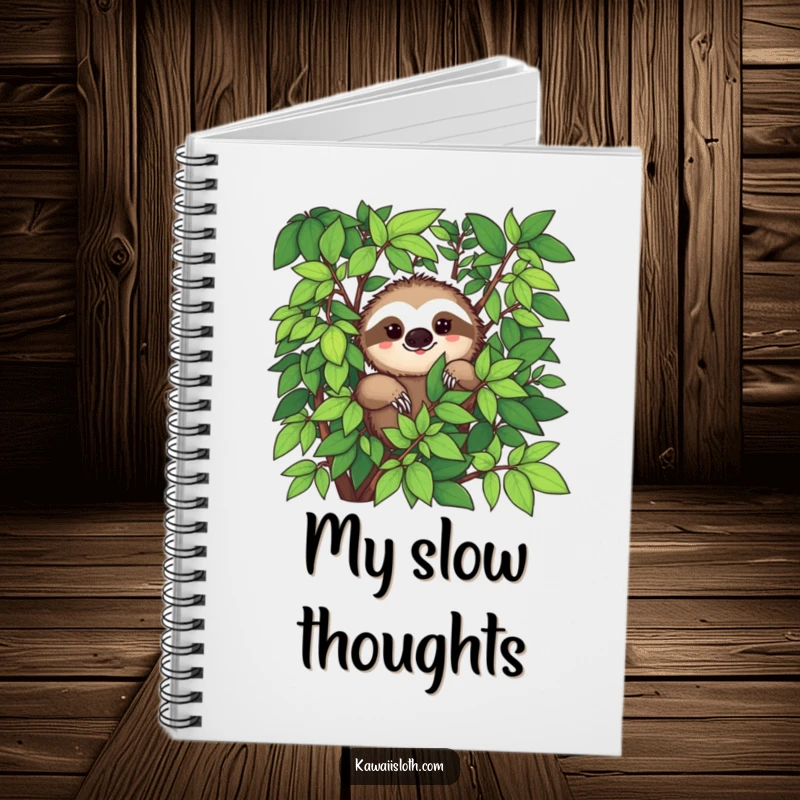 Funny notebook with a sloth peeking from abundant green foliage with a subtle smile, perfect for note-taking.