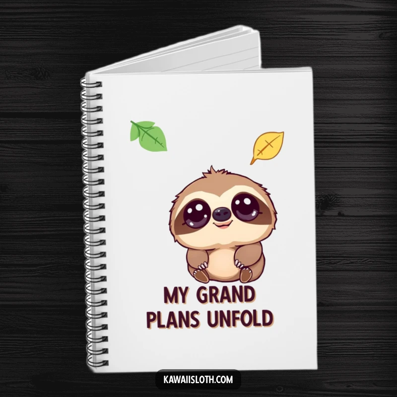 Funny notebook with a sloth's gentle eyes looking up at a falling leaf, designed for humorous, mindful note-taking.
