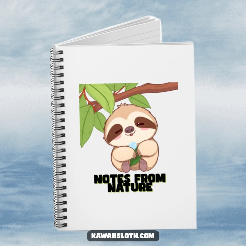 Funny sloth notebook, tiny smile sloth enjoying a dewdrop on a leaf, humorous journal, perfect funny gift.