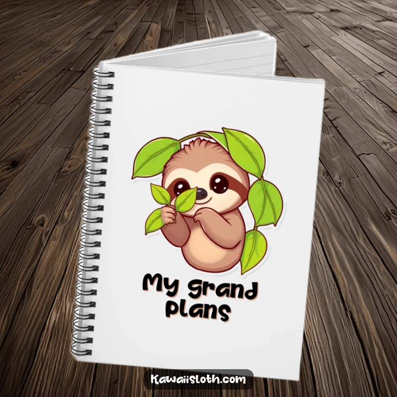 Funny notebook with a cover illustration of a sloth holding a leaf, designed for writing, drawing, and capturing thoughts with a humorous touch.