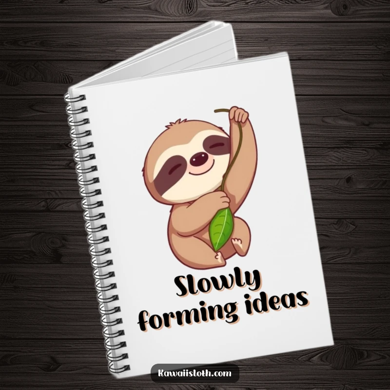 Funny notebook cover featuring a smiling sloth reaching for a leaf, designed for jotting down notes with humor.