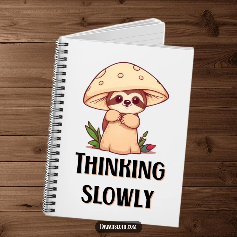Funny notebook with a sloth playfully peeking from behind a mushroom, perfect for journaling with added humor. A great gift.