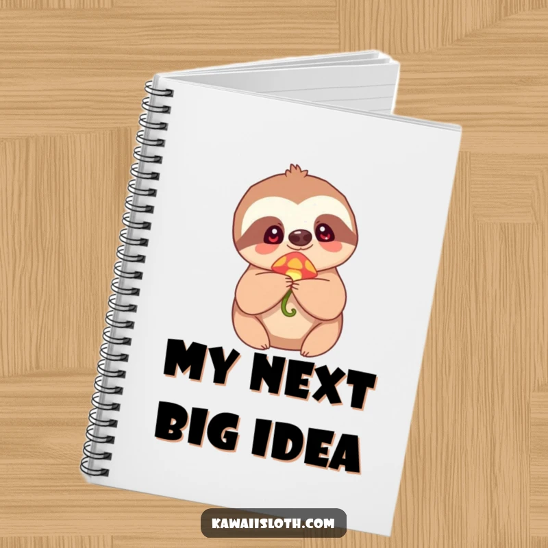 Funny Notebook with a sloth holding a tiny, glowing mushroom, showcasing wonder and humor for journaling magical thoughts.