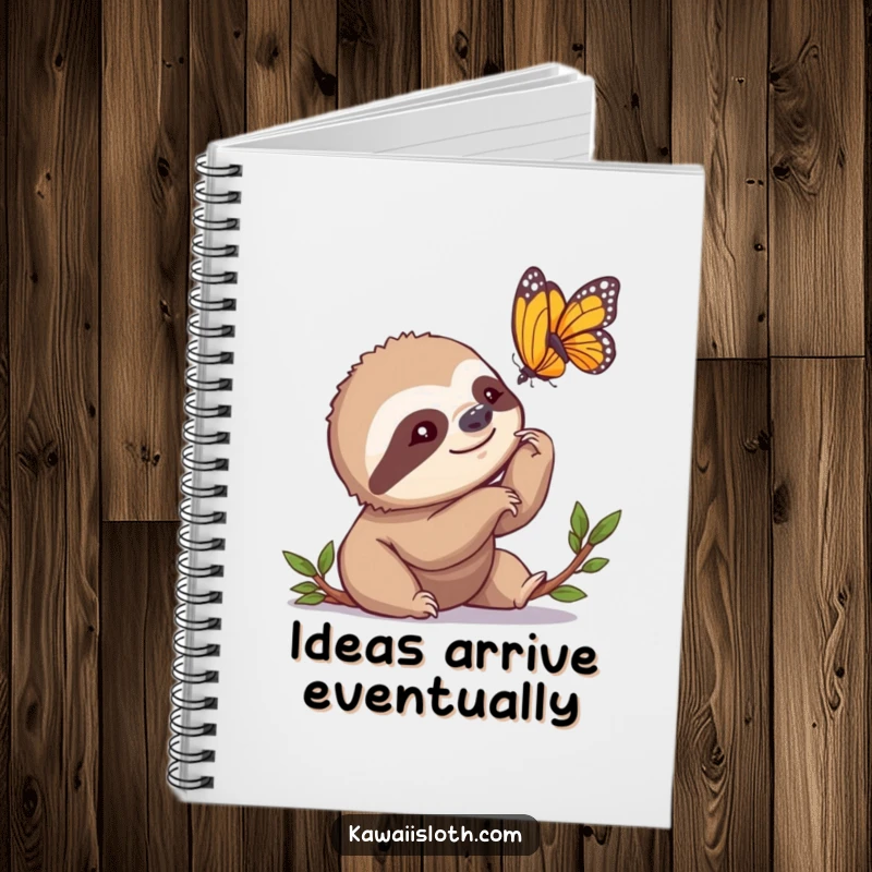 Funny Notebook with a sloth slowly nodding its head while watching a butterfly, perfect for journaling or jotting down creative thoughts.