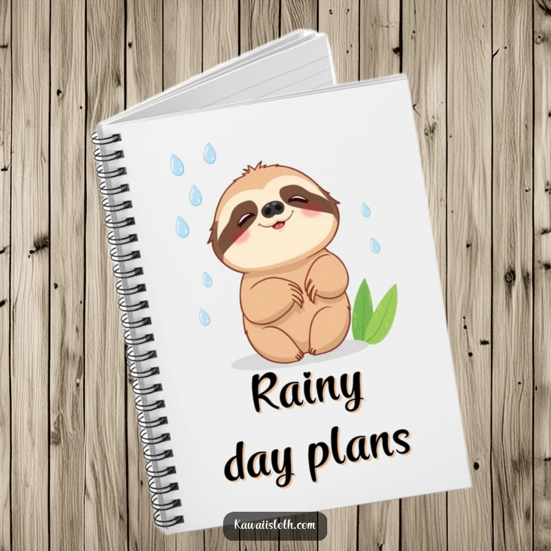 Funny notebook with a sloth attempting to catch falling raindrops with a slow, happy smile, perfect for jotting down joyful thoughts.