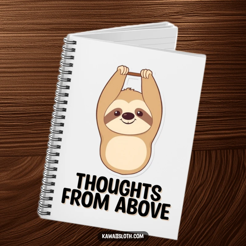Funny notebook featuring a smiling sloth hanging upside down with a contented expression, perfect for jotting down happy thoughts.