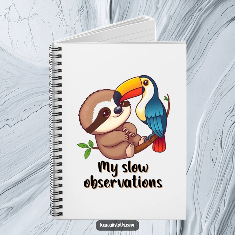 Funny sloth curiously observing a colorful toucan on a notebook, great for capturing funny thoughts and daily notes.