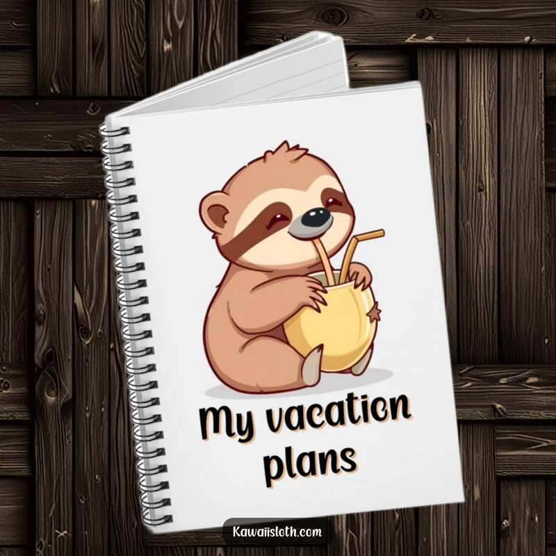 Funny notebook cover featuring a sloth leisurely sipping from a coconut cup with a straw, ideal for note-taking with a tropical, humorous theme.
