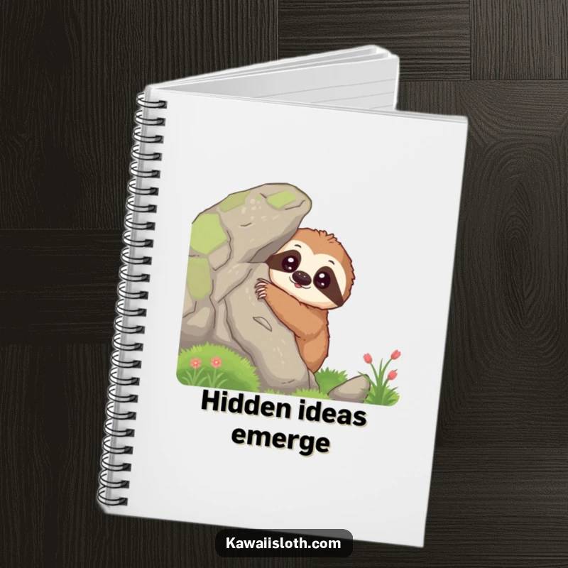 Funny curious sloth notebook featuring a sloth peeking from behind a mossy rock, perfect for documenting thoughts with humor.