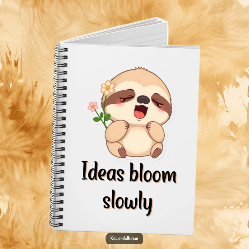 Funny sleepy sloth notebook featuring a yawning sloth with a flower, perfect for journaling peaceful thoughts with humor.