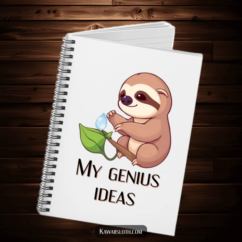 Funny notebook cover depicting a sloth cautiously reaching for a dewdrop on a leaf, perfect for journaling and capturing thoughtful moments with humor.