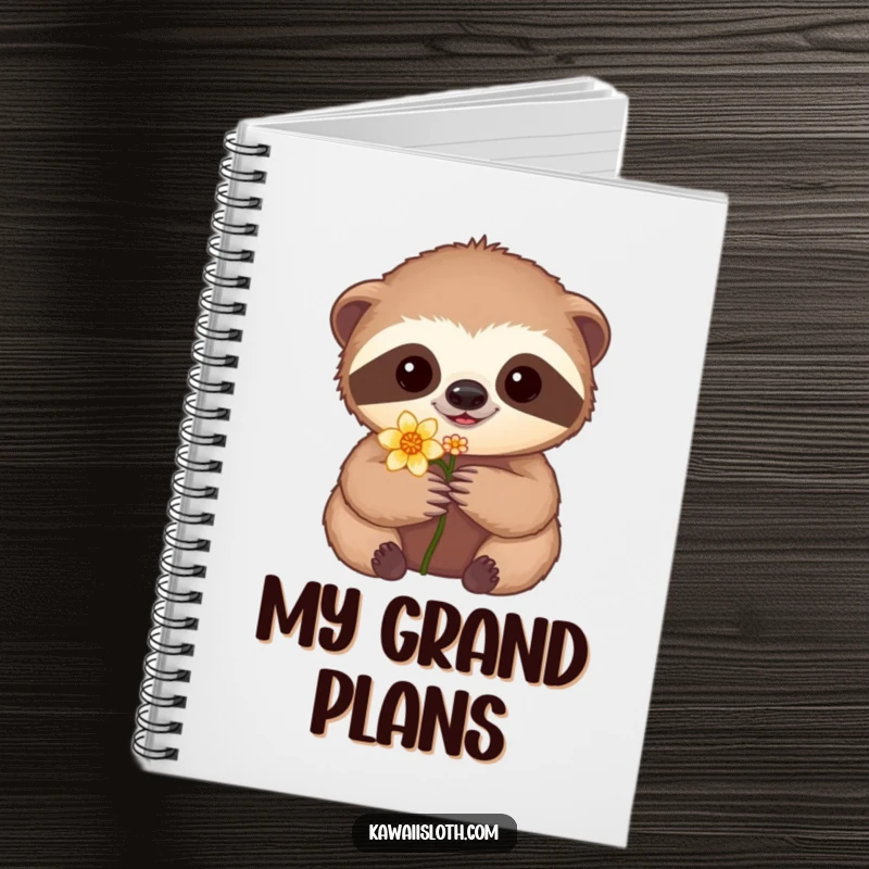 Funny notebook cover featuring a sloth tenderly holding a flower, perfect for journaling or note-taking with a calm, humorous vibe.