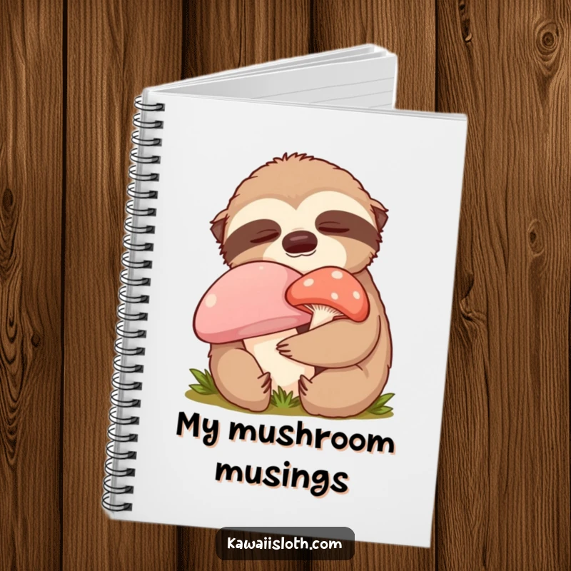 Funny content sloth notebook featuring a sloth hugging a mushroom with closed eyes, perfect for journaling peaceful thoughts with humor.