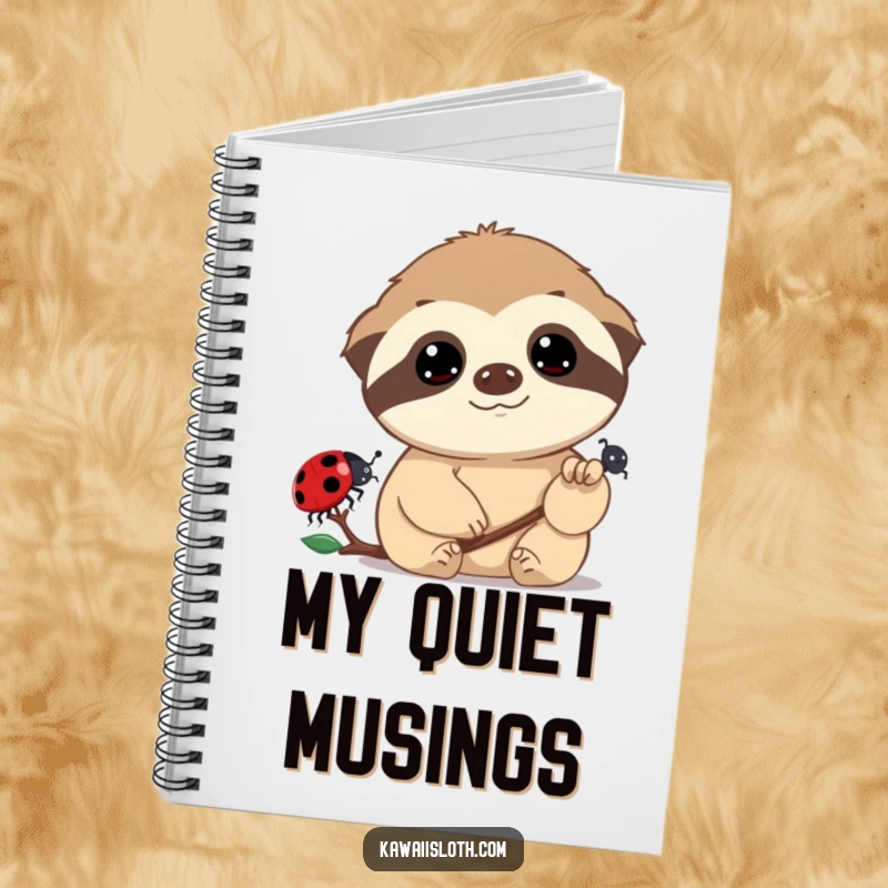 Funny notebook cover depicting a sloth with wide, dreamy eyes observing a slow-moving ladybug, perfect for journaling with a humorous touch.