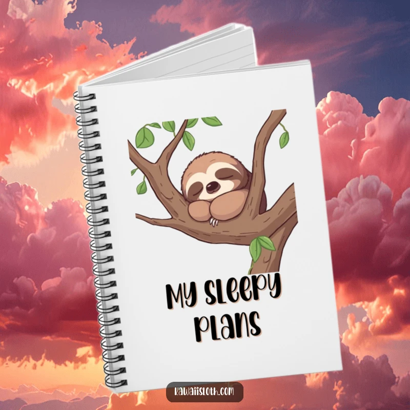 Funny notebook cover with a contented sloth napping peacefully on a tree branch, great for jotting down funny ideas.