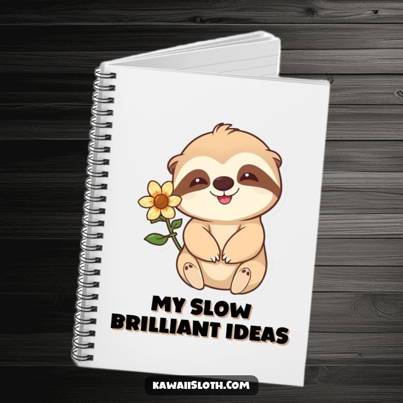 Funny happy sloth with a flower behind its ear waving slowly on the cover of a notebook, perfect for jotting down ideas leisurely.