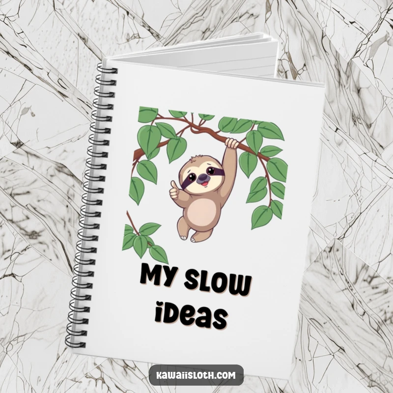 Funny notebook cover displaying a sloth playfully dangling from a vine, giving a thumbs up with a cheerful and relaxed expression.