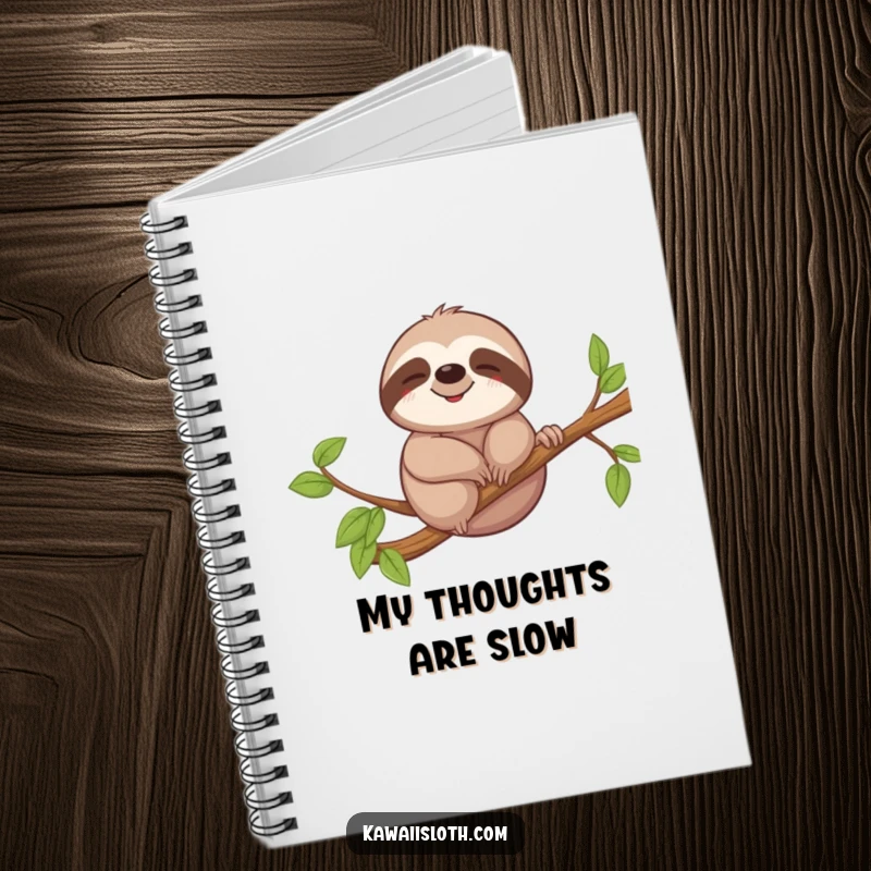 Funny notebook cover featuring a sloth with a relaxed smile, gently swaying on a branch, ideal for note-taking with a calm, humorous theme.