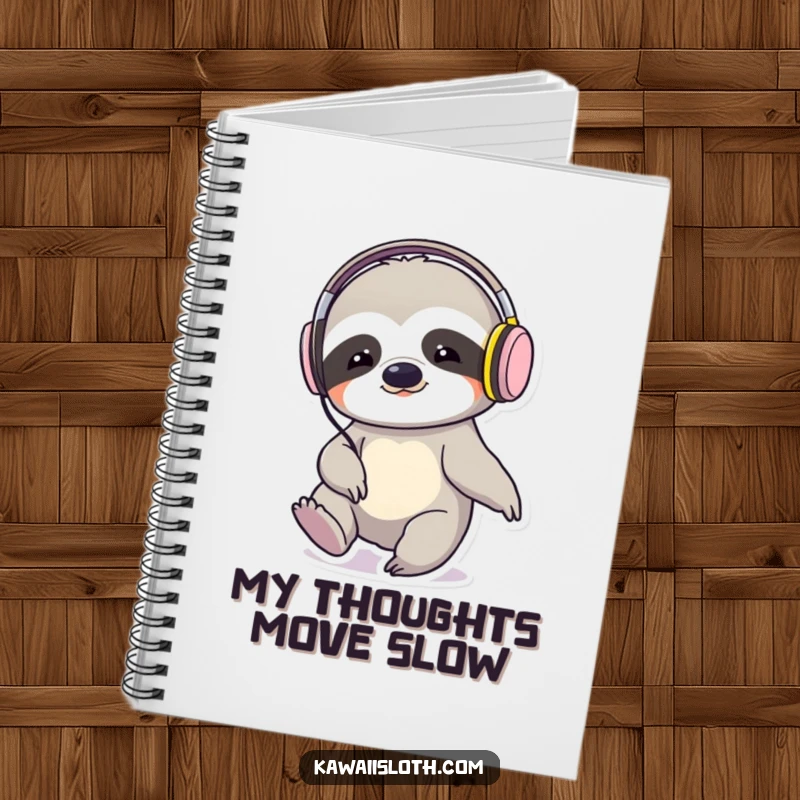 Funny sloth wearing headphones, tapping foot, on a notebook cover, ideal for notes and journaling.