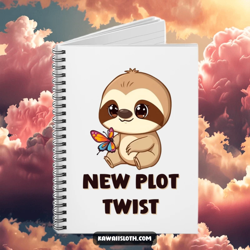 Funny notebook cover featuring a curious sloth with big eyes watching a butterfly, ideal for jotting down ideas.