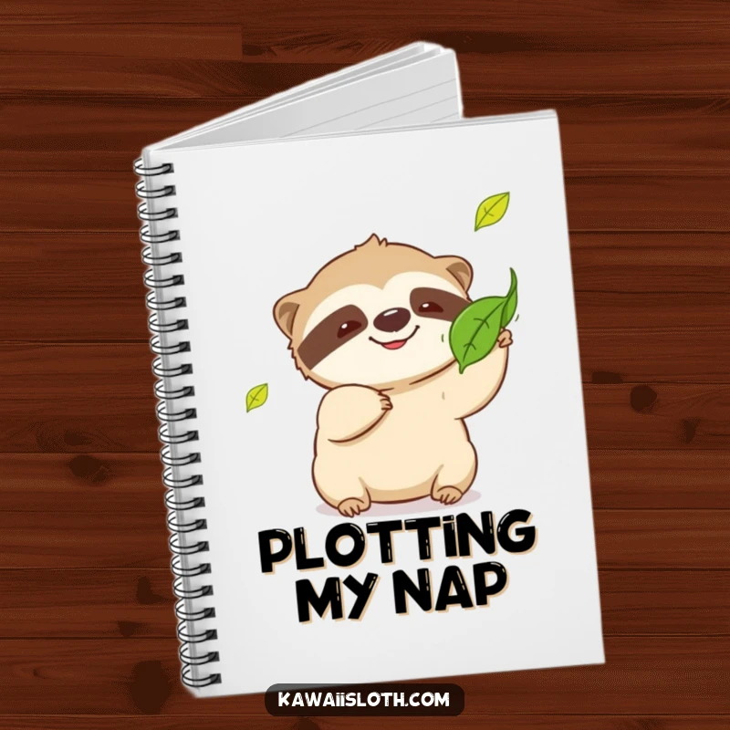 Funny sloth notebook, playful sloth with a slow grin, trying to catch a falling leaf, humorous journal, perfect funny gift.