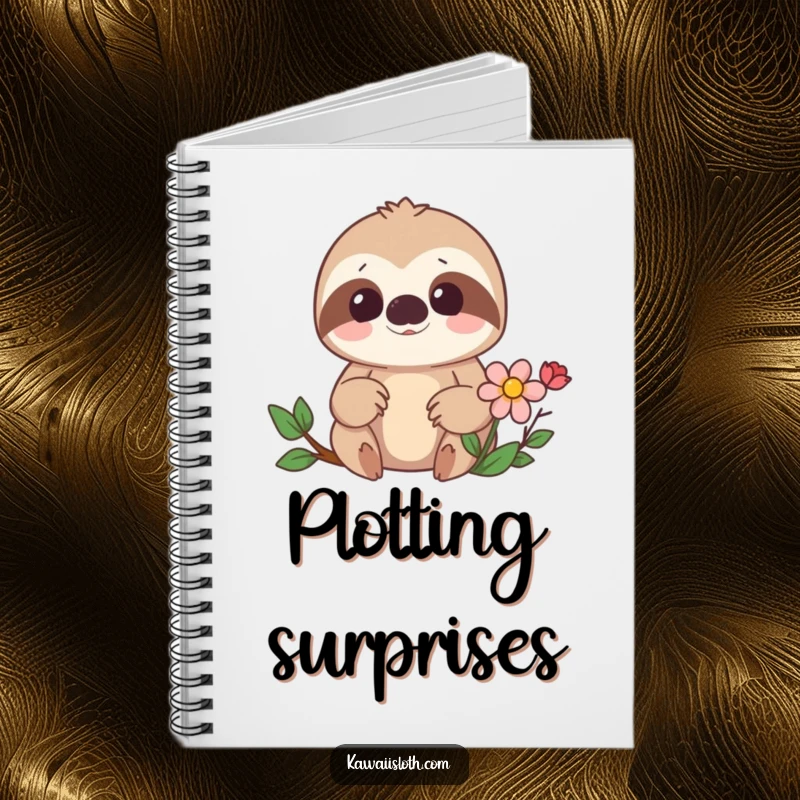 Funny notebook with a surprised sloth finding a hidden flower, perfect for jotting down notes with humor. A great gift.