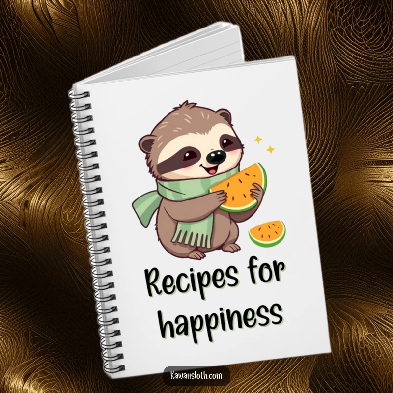 Funny notebook featuring a happy sloth wearing a scarf, eating fruit, perfect for writing recipes and happy thoughts.