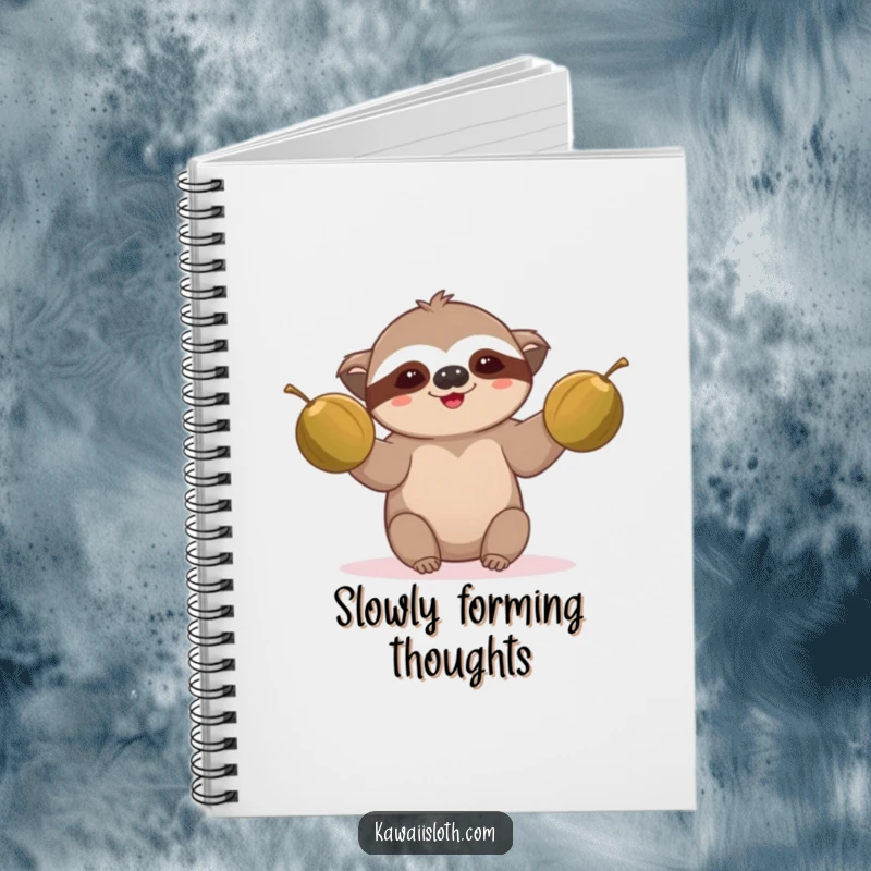 Funny sloth notebook, comically juggling coconuts, symbolizing slow effort, a perfect funny gift for note-takers.