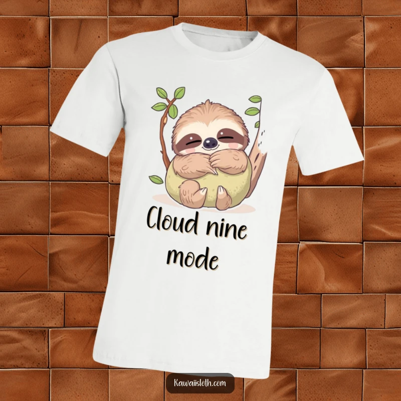 Funny t-shirt design of a sloth with dreamy eyes, snuggling a soft mossy pillow, representing ultimate relaxation and comfort.