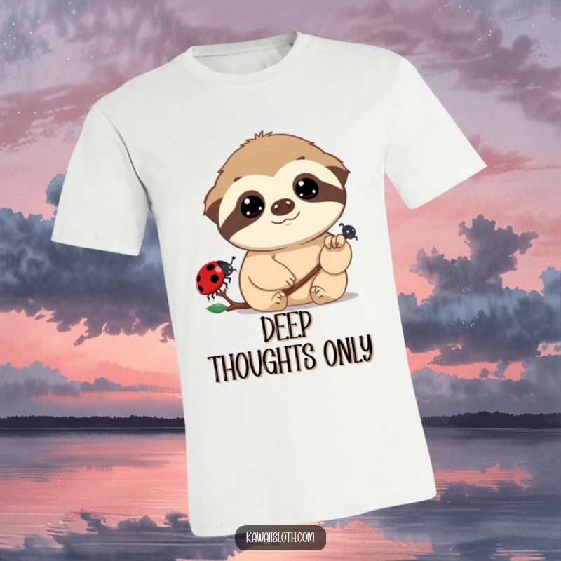 Funny T-shirt showing a sloth with wide, dreamy eyes fascinated by a slow-moving ladybug, perfect for casual wear and expressing gentle amusement.