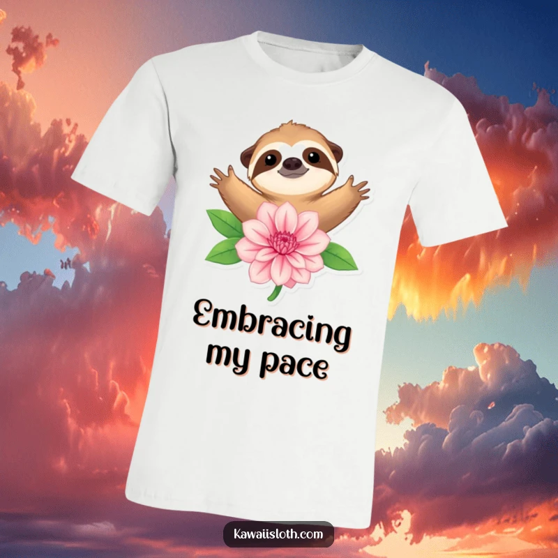 Funny t-shirt depicting a serene sloth extending its arms to embrace a big, beautiful flower, capturing pure tranquility.