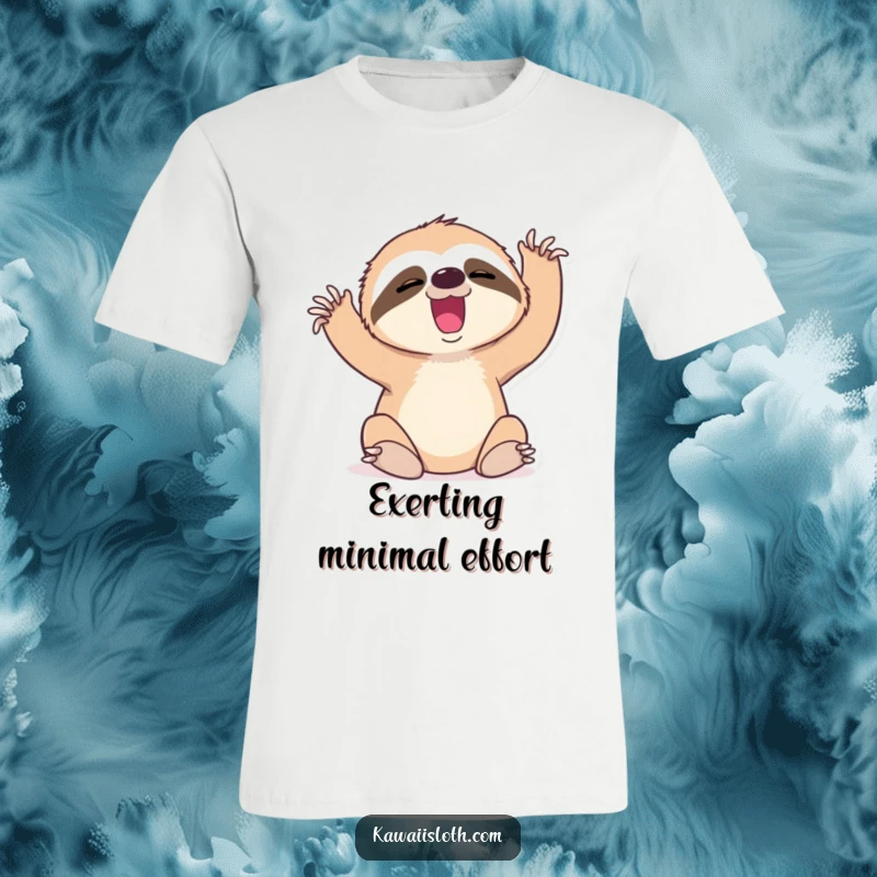 Funny t-shirt with a sloth yawning and stretching, depicting effort and relatable tiredness.